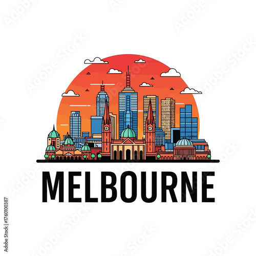 Melbourne City Skyline Silhouette Against Sunset Sky with Clouds and Buildings.