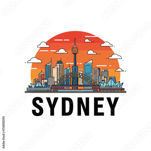 Sydney Australia Cityscape Skyline at Sunset with Iconic Landmarks.