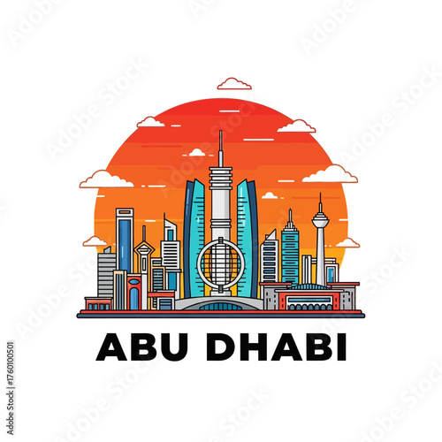 Abu Dhabi city skyline illustration with famous modern skyscrapers.