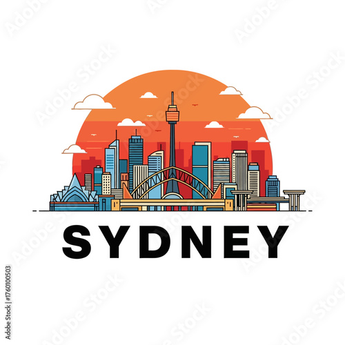 Sydney Australia Cityscape Skyline with Iconic Landmarks and Sunset.