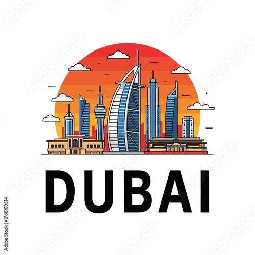Dubai Skyline Illustration Depicting Iconic Skyscrapers and Landmarks Against Sunset.