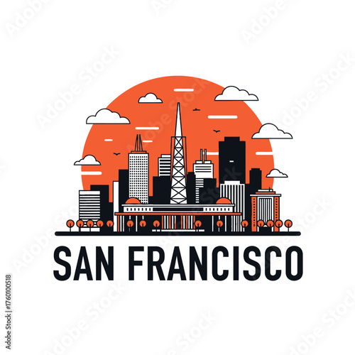San Francisco Skyline Illustration with Orange Sun and Clouds.