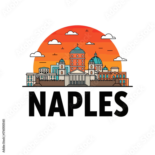 Colorful Naples Italy City Skyline Travel Vector Illustration.