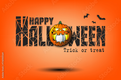 Happy Halloween. Trick or treat. Rugby ball inside frightening pumpkin. Pattern for banner, poster, greeting card, invitation. Vector illustration on an isolated background