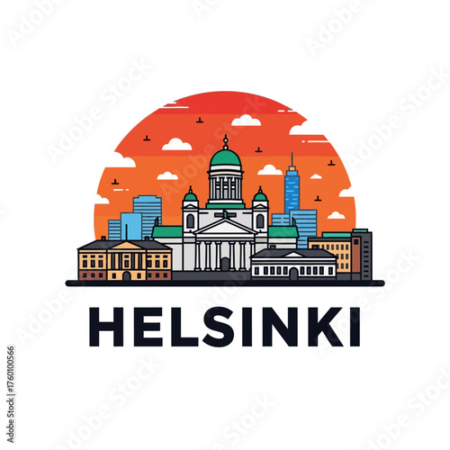 Helsinki Cityscape Illustration with Iconic Landmarks at Sunset.