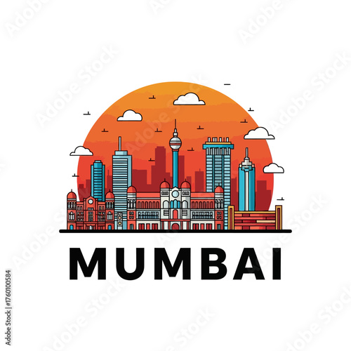 Mumbai India city skyline vector illustration with famous landmarks.