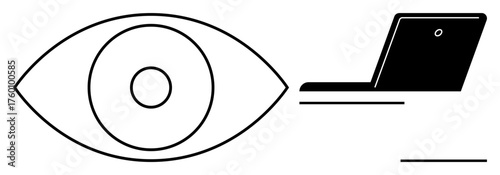Eye represents vision and observation, paired with a laptop for technology and connection. Ideal for surveillance, data analysis, technology, security, creativity, communication and focus. Simple