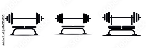Weight Bench and Barbell Icon Set – Gym Equipment Silhouette Collection, Vector Illustration of Fitness Gear for Strength Training, Bodybuilding, Exercise, Workout, and Powerlifting Design