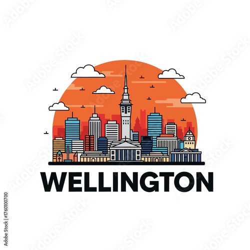 Wellington New Zealand city skyline vector illustration with famous landmarks.