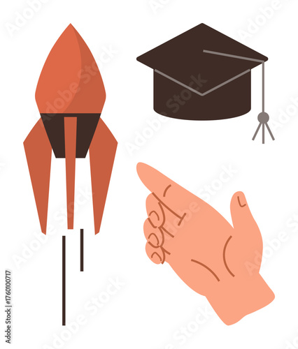 Hand gesture guiding rocket and graduation cap, portraying growth, education, success, potential, leadership, innovation, future goals. Ideal for career growth motivation opportunities simple flat