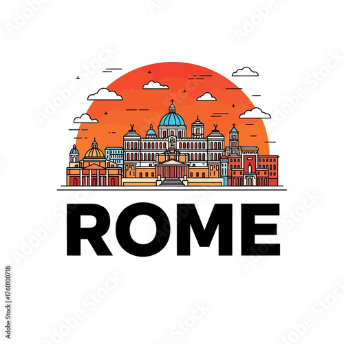 Rome Italy city skyline illustration with famous landmarks.
