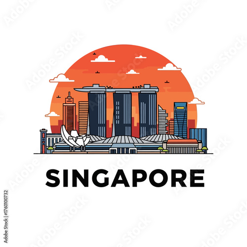 Singapore Skyline Landmark Architecture Cityscape Illustration.