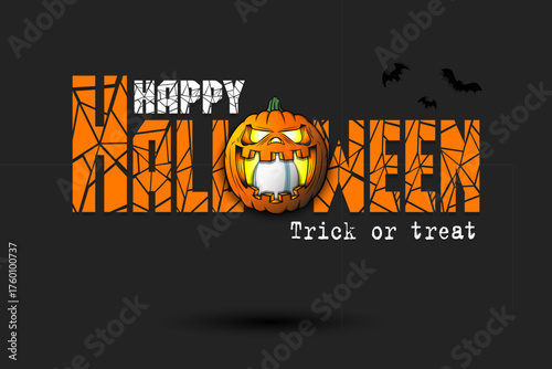 Happy Halloween. Trick or treat. Rugby ball inside frightening pumpkin. Pattern for banner, poster, greeting card, invitation. Vector illustration on an isolated background