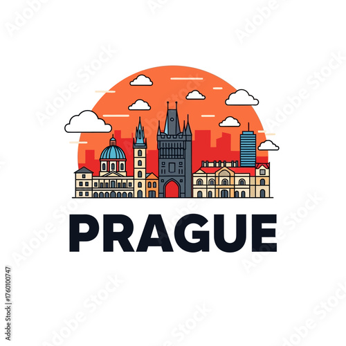 Prague Cityscape Illustration with Iconic Landmarks and Sunset Sky.