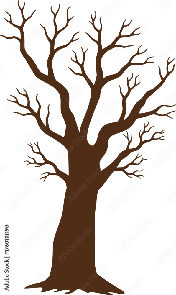 Obraz premium Tall bare tree silhouette vector with long trunk and branching arms. Suitable for spooky Halloween, eerie forest, autumn, graphic design, and decor.