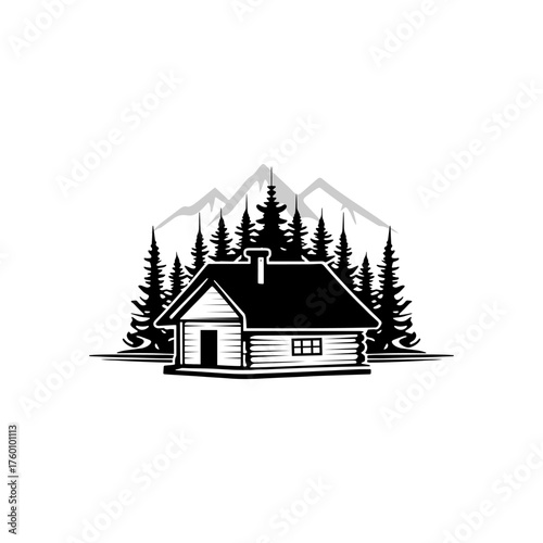 Illustration of a log cabin nestled among pine trees with mountains in the background, depicted in black and white.