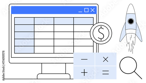 Computer screen with spreadsheet, calculation icons, dollar sign, rocket, and magnifying glass. Ideal for finance, technology, data analysis growth innovation startup business strategy. Simple