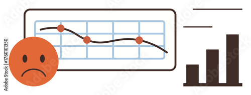 Red sad face beside a line graph showing a downward trend and a bar graph. Ideal for business loss, economic decline, performance issues, challenges, setbacks, analytics, trends. Simple flat metaphor