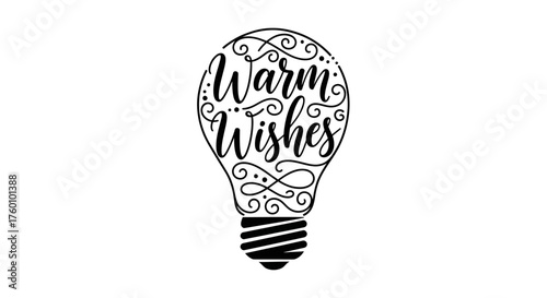 Warm Wishes Light Bulb Illustration with Decorative Swirls and Elegant Typography.