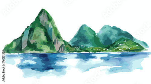 Castries and the Pitons. Castries and the Pitons hand drawn watercolor illustration