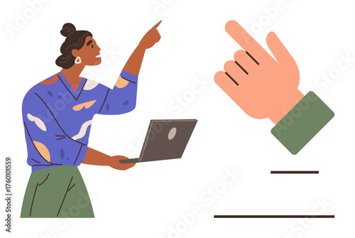 Woman holding laptop, gesturing upward, with large hand pointing forward. Ideal for teamwork, leadership, direction, collaboration, communication motivation innovation. Simple flat metaphor