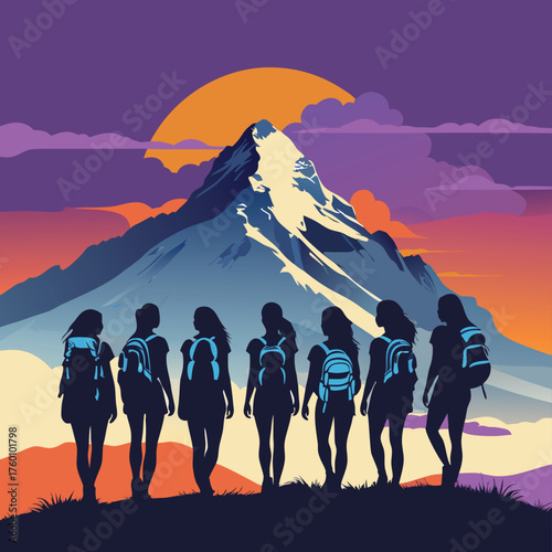 A vector illustration showing a group of female friends on a hiking adventure admiring a mountain peak at sunset