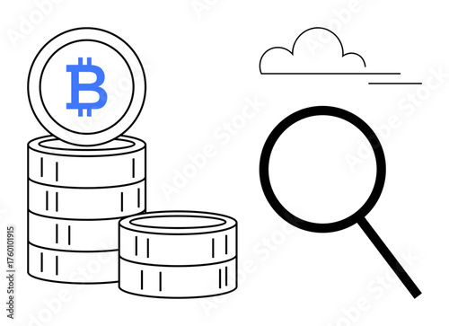Bitcoin coins stacked beside magnifying glass and cloud. Ideal for cryptocurrency, blockchain, financial analysis, investment, fintech, data search, market trends. Simple flat metaphor
