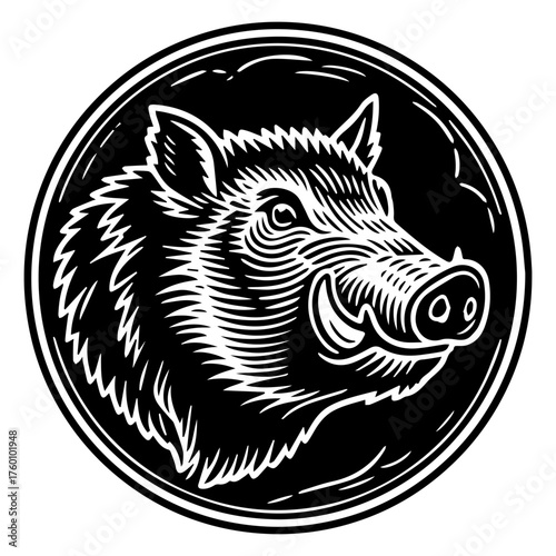 Black and white illustration of a round boar's head logo. Vector graphics. EPS_02.