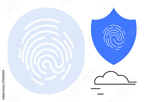 Fingerprint symbol, blue security shield, cloud design. Ideal for cybersecurity, identity, data storage, cloud computing, authentication protection privacy. Minimalist flat conceptual metaphor