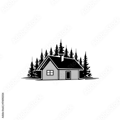 A black and white illustration depicts a cabin surrounded by tall evergreen trees, creating a forest scene.