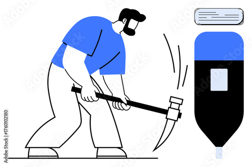Male worker using pickaxe to strike object next to large industrial machinery. Ideal for labor, construction, industry, manufacturing, hard work, engineering, determination themes. Simple flat