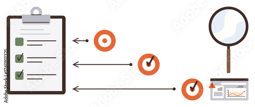 Checklist with marked tasks, flow from targets with progress checks, magnifying glass for examination, and dashboard with alert. Ideal for planning, auditing, organization, productivity, research