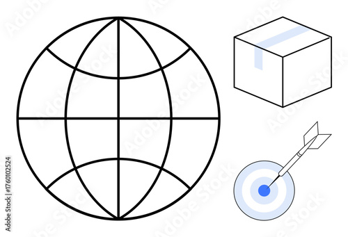 Globe with latitude and longitude lines, a package, and a bullseye with an arrow hitting the center. Ideal for logistics, delivery, e-commerce, precision, goals success global reach. A simple flat