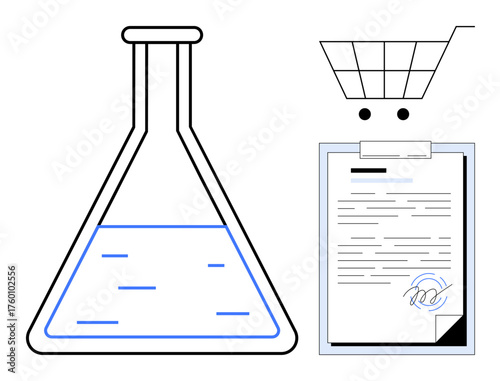 Laboratory flask, signed document, and shopping cart represent innovation, agreements, and commerce. Ideal for science, contracts, business technology education e-commerce minimalism. Simple flat