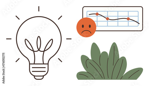 Lightbulb symbolizing ideas, sad face, line chart indicating decline, and green plants. Ideal for concepts thumbs up failure, strategy, analytics, problem solving, challenges innovation growth