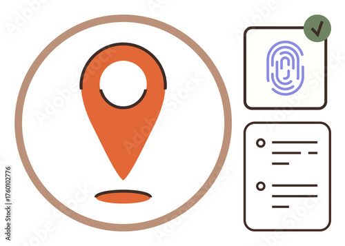 Orange location pin alongside a fingerprint scan and completed checklist. Ideal for navigation, authentication, verification, security, task management, identity confirmation, and digital tracking. A