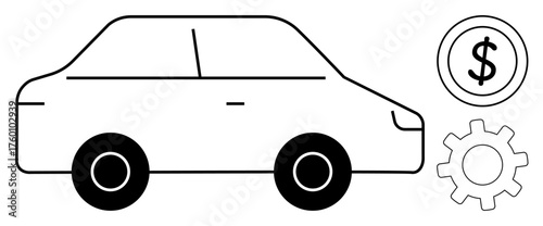 Car alongside dollar sign and gear. Ideal for vehicle repair, maintenance, cost management, investment, auto industry, economy, technology. A simple flat metaphor