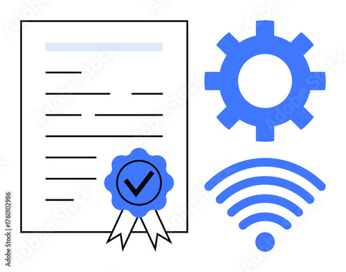 Certificate with checkmark ribbon, gear, and wireless icon representing validation, technology, and communication. Ideal for certifications, networks, tech services, business internet processes