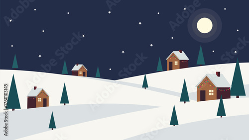 Winter Night Landscape banner with Snow Covered Houses and Moonlight. Peaceful winter night landscape featuring snowy hills, houses and glowing moonlight.