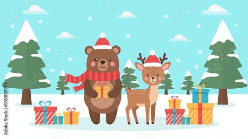 Christmas Illustration banner  with Bear and Reindeer in Snow Forest. Cute Christmas illustration featuring bear and reindeer with gifts in snowy pine forest.
