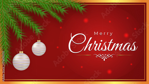 Merry Christmas Banner Red Background with Baubles and Pine Decoration. Elegant red Christmas background with golden ornaments and pine branches, ideal for festive greeting cards, web banners.
