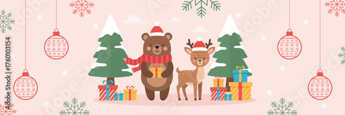 Christmas Banner with Reindeer and Bear Holding Gifts on Pink Background. Adorable Christmas banner with reindeer, bear and hanging ornaments on soft pink background.