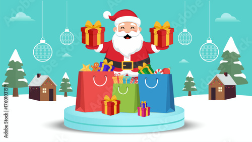 Christmas Sale Banner with Santa Claus and Shopping Bags. Festive Christmas sale banner showing Santa Claus with shopping bags and gifts. perfect for marketing campaigns, social media promotions.
