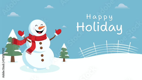 Happy Holiday Background banner with Snowman and Pine Trees. Cheerful Happy Holiday background featuring snowman and trees in snowy landscape. great for seasonal cards, Christmas greetings.