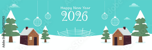 Happy New Year 2026 Banner with Snowy Cabin and Pine Trees. Scenic New Year 2026 winter banner with pine trees, cabin and snow.ideal for festive greetings, web headers, and New Year marketing visuals.