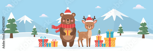 Christmas Banner with Reindeer and Bear in Snowy Mountains. Playful Christmas banner featuring reindeer and bear with gifts in snowy mountains. ideal for kids Christmas designs, festive greetings.