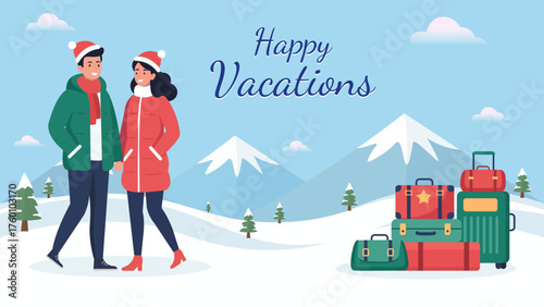 Winter Vacation Banner with Couple Walking in Snow. Happy vacation winter banner featuring couple walking with luggage in snowy mountains. perfect for travel promotions, holiday posts.