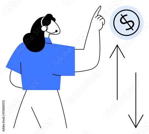 Woman wearing headset pointing towards dollar sign with upward and downward arrows. Ideal for finance, customer service, business strategy, investment, communication, economics, simple flat metaphor