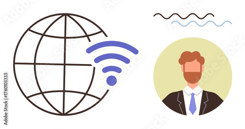Globe with wireless signal icon and man in a suit. Ideal for connectivity, communication, global networking, internet access, technology, professional interaction, remote work concepts. Simple flat