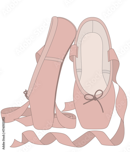 dance ballet, pair of ballet shoes or slippers, standing with flowing ribbons isolated on a white background